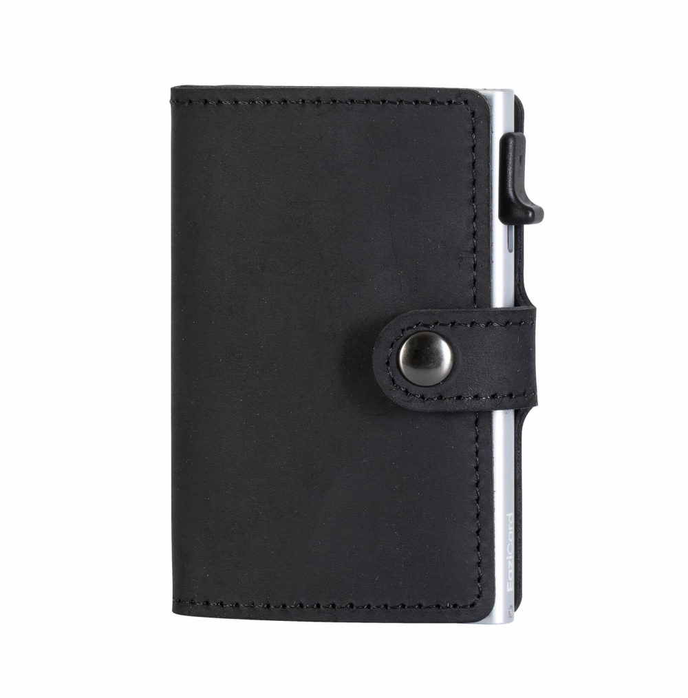 Genuine Leather Card Holder – Black/Silver