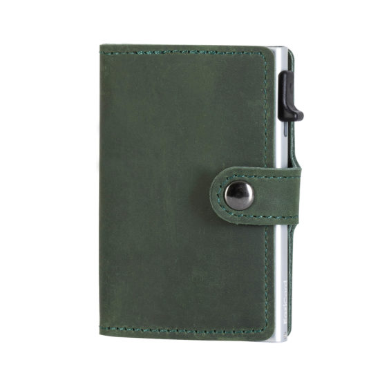 Genuine Leather Card Holder – Green/Silver