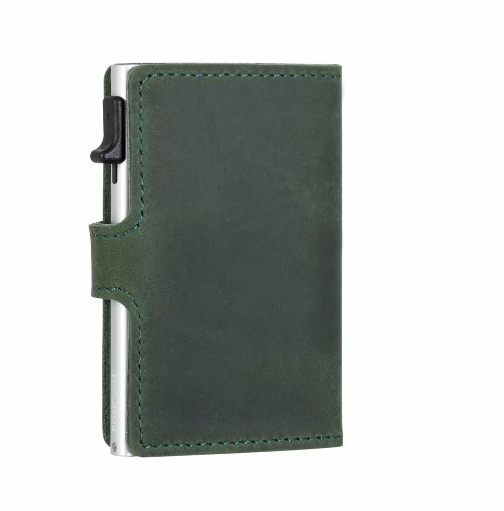 Genuine Leather Card Holder – Green/Silver