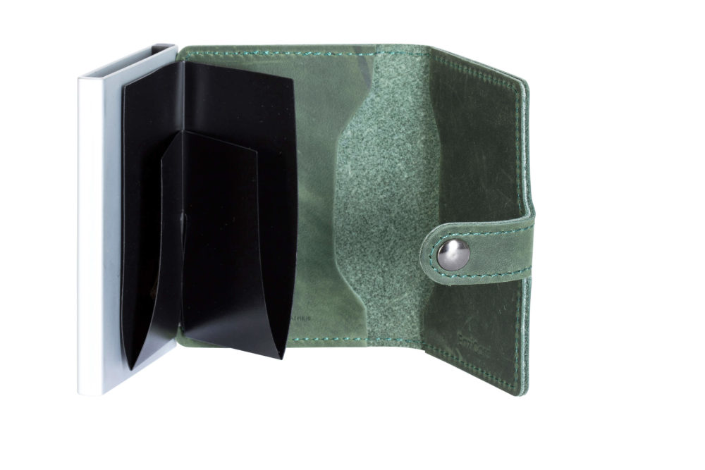 Genuine Leather Card Holder – Green/Silver