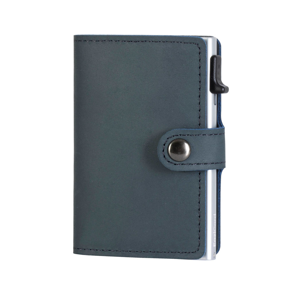 Genuine Leather Card Holder - Blue/Silver