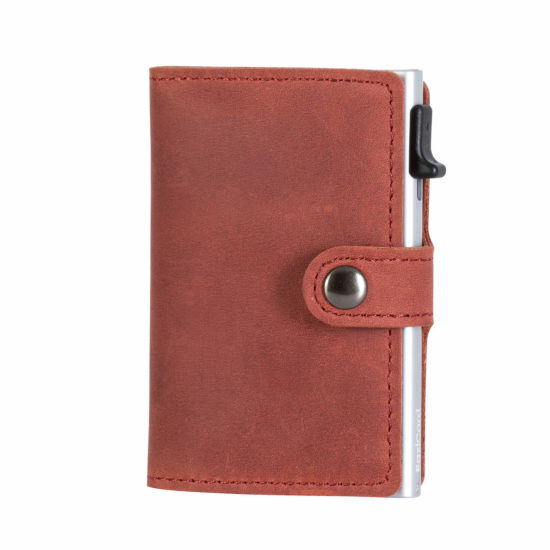 Genuine Leather Card Holder – Red/Silver