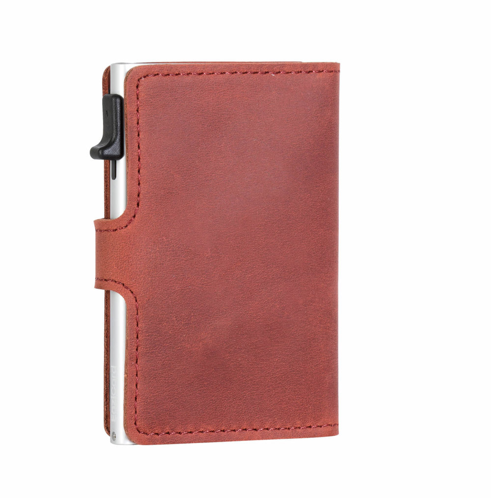 Genuine Leather Card Holder – Red/Silver